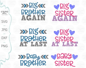 May include: Six digital designs for a sibling announcement. The designs feature the text "Big Brother Again", "Big Sister Again", "Big Brother At Last", "Big Sister At Last", "Baby Brother", and "Baby Sister". The designs are in blue, grey, pink, and purple.