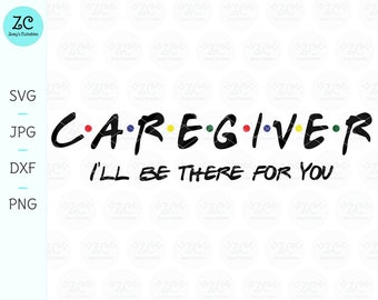 Könnte beinhalten: Schwarzweißgrafik mit dem Text "CARE GIVER" in einer stilisierten Schriftart, mit bunten Punkten zwischen jedem Buchstaben. Der Text "I'LL BE THERE FOR YOU" befindet sich unterhalb des Haupttextes.