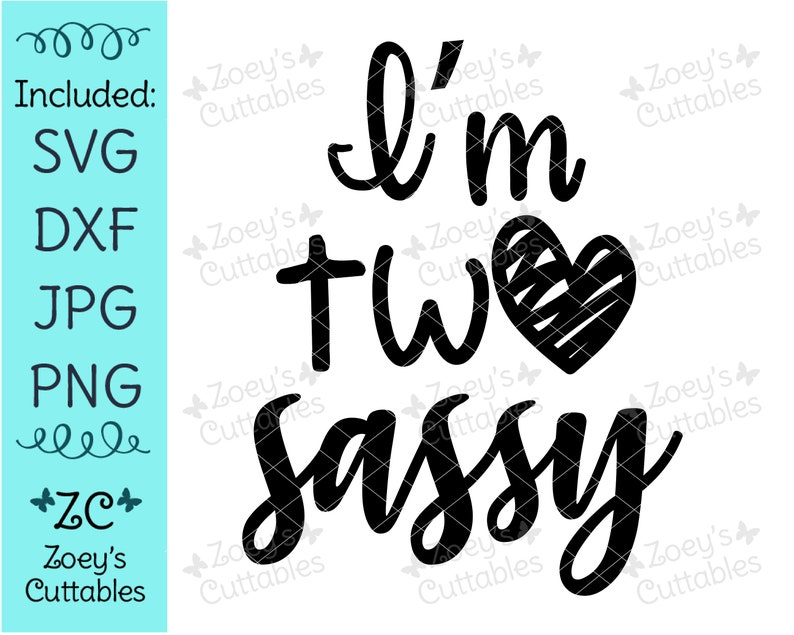 Pu&ograve; includere: Grafica in bianco e nero con il testo "I'm two sassy" e un cuore con un motivo a righe.
