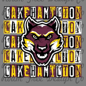 May include: A graphic design featuring a purple and yellow wolf head with a distressed background. The text "LAKE HAMILTON" is repeated in a distressed font.