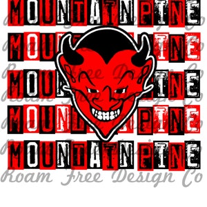 May include: Red and black graphic design with the text "MOUNTAINPINE" repeated multiple times. A red devil face with horns is in the center of the design.