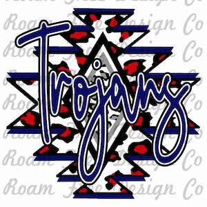 Trojans Navy Red and Gray Aztec Cheetah Design | Cheetah Print | PNG | Aztec | Leopard Print Aztec PNG | School Mascot | School |