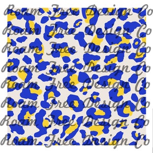 Puede incluir: Un patrón sin costuras con un diseño de estampado de leopardo azul y amarillo. El fondo es de color beige claro.