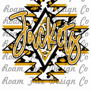 May include: A black and white animal print design with gold stripes and the word "Jackets" in gold lettering.