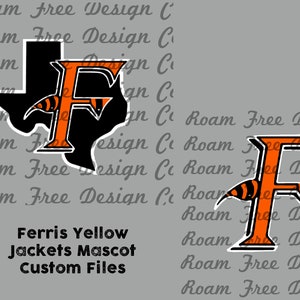 May include: A black and orange mascot design featuring the letter "F" with tiger stripes. The "F" is inside the outline of the state of Texas. The text "Ferris Yellow Jackets Mascot Custom Files" is below the design.