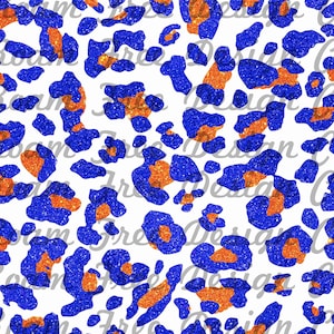 Puede incluir: Un patrón sin costuras con manchas de leopardo de purpurina azul y naranja sobre un fondo blanco.
