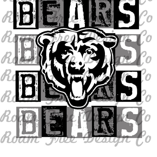 Bears Black White and Gray Rubber Stamp Design | Rubber Stamp Print | HTV | PNG | Bears | School Mascot | Black | School | Mascot | HTV |