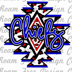 Blue and Red Chiefs Aztec Cheetah Design | Cheetah Print | PNG | Aztec | Leopard Print Aztec PNG | School Mascot | School | Blue | Red |