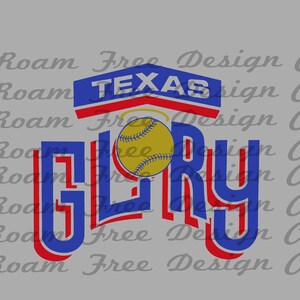 May include: A blue and red graphic with the word "GLORY" in a bold font. The word "TEXAS" is above the word "GLORY" in a smaller font. A yellow softball is in the center of the graphic.