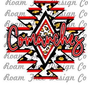 May include: A red and black geometric design with a leopard print pattern. The word "Comanches" is written in red cursive lettering.