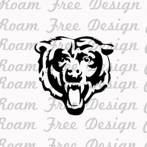 May include: A black and white graphic of a bear's head with an open mouth, baring its teeth. The bear's face is detailed with fur and facial features. The background has the words "Roam Free Design" in a light gray, repeating pattern.
