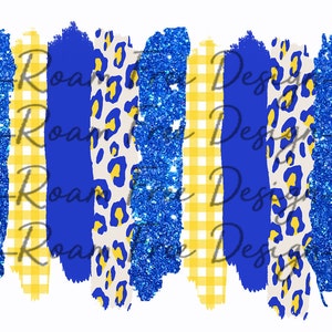 May include: A digital design featuring a blue, yellow, and white abstract pattern. The design includes glitter, leopard print, and gingham patterns.