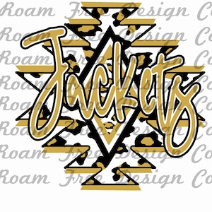 May include: A gold and black graphic design with the word "Jackets" in a bold, stylized font. The design features a diamond shape with a leopard print pattern.