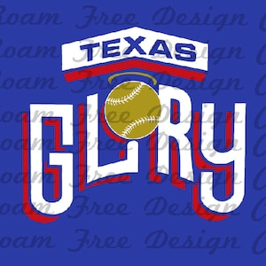 Puede incluir: Un diseño gráfico blanco y rojo con las palabras "TEXAS GLORY" en blanco con contornos rojos. Una pelota de béisbol está en el centro del diseño. El fondo es azul.
