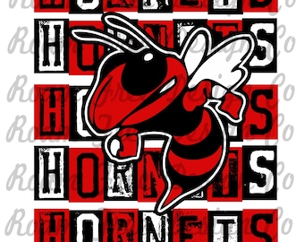 Hornets Mascot Rubber Stamp Design: Red and Black (PNG Digital Download)
