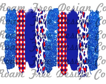 Red, White, and Blue Brush Stroke Clipart: Cheetah, Leopard Print (PNG Digital Background)