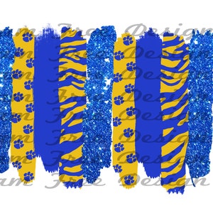 Puede incluir: Un diseño digital con un fondo de purpurina azul y dorado con una variedad de patrones, incluyendo huellas de patas, rayas y un estampado de tigre.