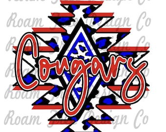 Cougars Aztec Cheetah Print Design: Red and Blue (PNG Digital Download)