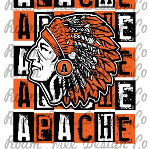Apache Rubber Stamp Design | Rubber Stamp Print | HTV | PNG | Orange | School Mascot | Black | School | Mascot | HTV |