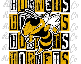 Hornets Mascot PNG: Black and Gold Rubber Stamp Design (Digital Download)
