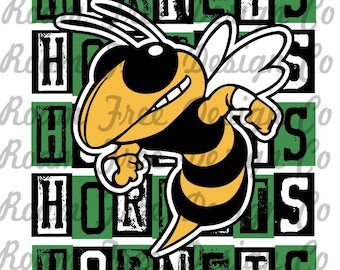 Hornets Mascot PNG: Green and Gold Rubber Stamp Design (Digital Download)