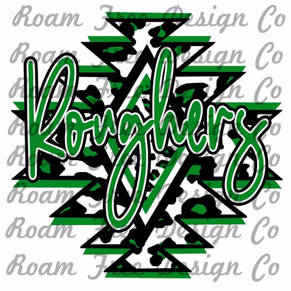 Roughers Kelly Green White and Black Aztec Cheetah Design | Cheetah Print | Leopard Print | PNG | Aztec | School Mascot | School |