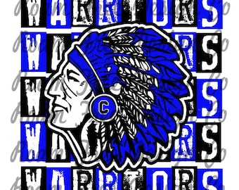 Blue Warriors Rubber Stamp Mascot Design: PNG File for HTV (Digital Download)