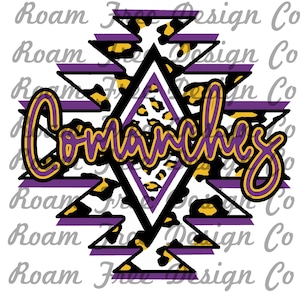 Puede incluir: Un diseño geométrico blanco, negro y dorado con un patrón de estampado de leopardo. La palabra "Comanches" está escrita en letras moradas y doradas.