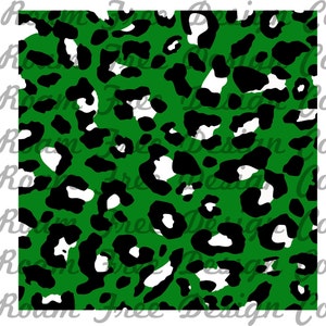 May include: A seamless pattern featuring a green background with black and white leopard print spots.