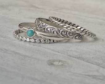 Handmade stacking ring set of 4, Turquoise gemstone ring, layering rings, Christmas gift