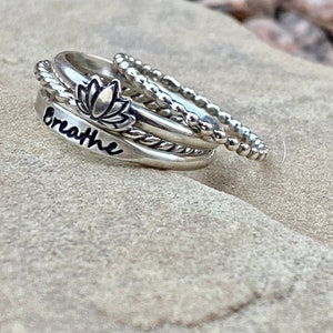 Silver 4 stacking ring set/Breathe lotus flower Ring set/Handmade Yoga Jewelry, Gift