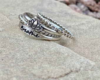 Silver 4 stacking ring set/Breathe lotus flower Ring set/Handmade Yoga Jewelry, Gift