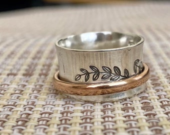 Floral Stamped Ring Band, Spinning Ring Silver, Anxiety Relief Jewelry, Fidget Ring Sterling, Gift