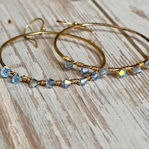 Large Gold filled hoop earrings/Blue crystal bead earrings/Gift for her