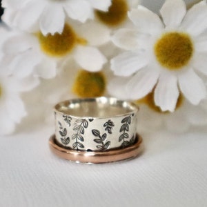 Spinning Ring Flower Stamped Silver,Gold filled Anxiety Relief Jewelry, Fidget Ring Sterling, Gift For Her