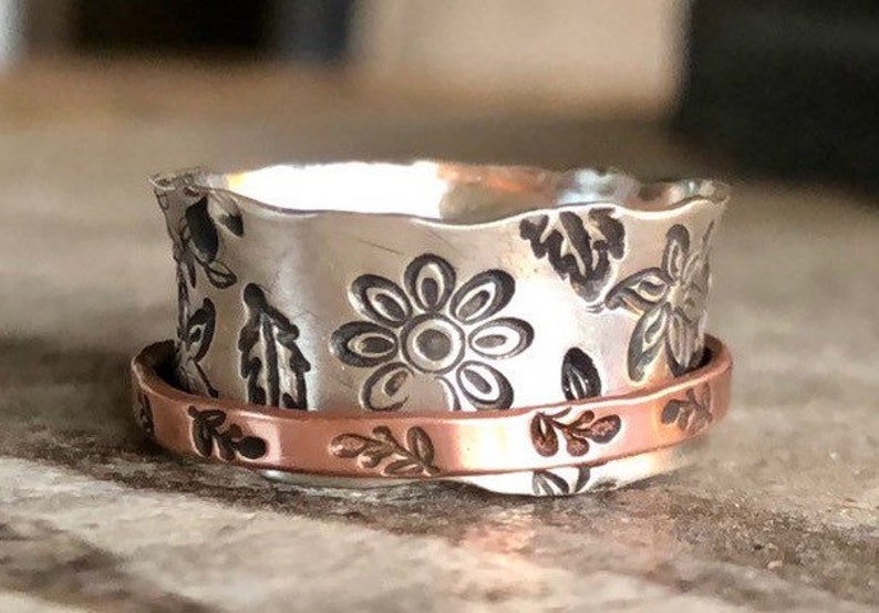 Floral Stamped Ring Sterling Spinning Ring Silver Anxiety image 1
