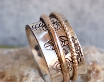 Feather stamped Spinner Ring ,Sterling Silver Fidget Ring, 14K Gold filled  spinning bands,Gift For women