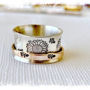 14K Gold filled and Sterling silver Spinner Ring/ sunflower spinner ring for women/ gift
