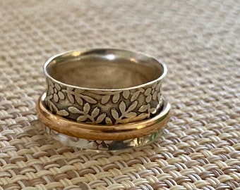 Floral spinner ring silver,14K Gold filled Ring,Anxiety relief jewelry,Gift for Women