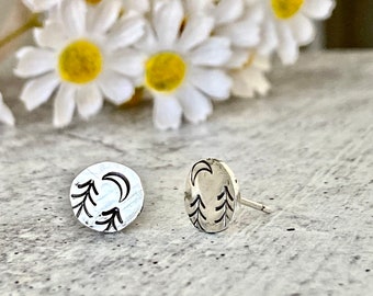 Stud Earrings,Sterling Silver moon and tree earrings, Nature Inspired Studs