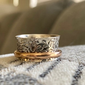 Floral spinner ring silver,14K Gold filled Ring,Anxiety relief jewelry,Gift for Women