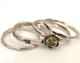 Peridot Ring Set, Flower stamped ring band, Sterling silver ring, Handmade Jewelry, Gift for Her
