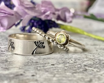 Floral Stacking Ring set, Peridot gemstone,Argentium Silver, Handmade jewelry, Promise rings, Gift for her