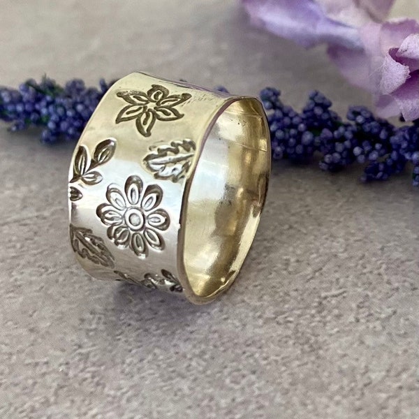 Floral Stamped Ring , Argentium Silver Ring, Nature Inspired Jewelry,Modern Silver Jewelry ,gift for mom