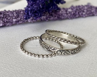 Handmade sterling silver stacking rings, stackable pattern  bands, layering rings, gift