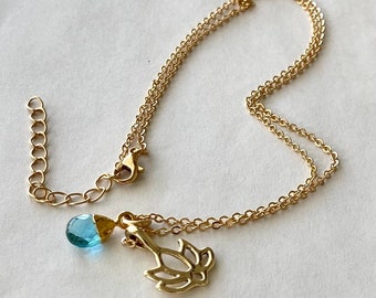 Blue Gemstone Briolette Necklace,Gold Lotus Flower Pendant,Yoga Jewelry, Gold filled Chain,Mothers Day Gift