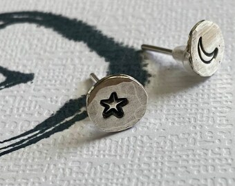 Star & Moon Stamped Stud Earrings / Sterling Silver Earrings / Gift