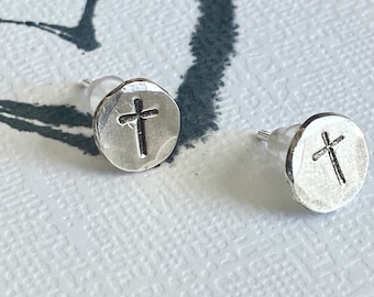 Cross Stamped Fine Silver Earrings / Religious Jewelry / Gift