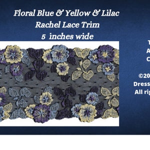 Navy Lace Trim, 4.5 Inches Wide with Violet and Pale Yellow flowers embroidered