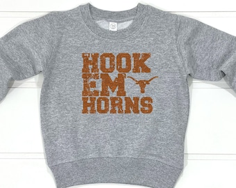Texas Football Universität Kinder Sweatshirt | Longhorn Hook Em Kleinkind Sweatshirt | Vintage Look Jugend Texas College Spieltag Geschenk | Horn Top